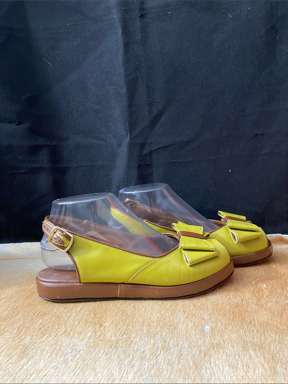 Women’s Lime Green and Brown Peep-Toe Bow Flats - Picture 2 of 7